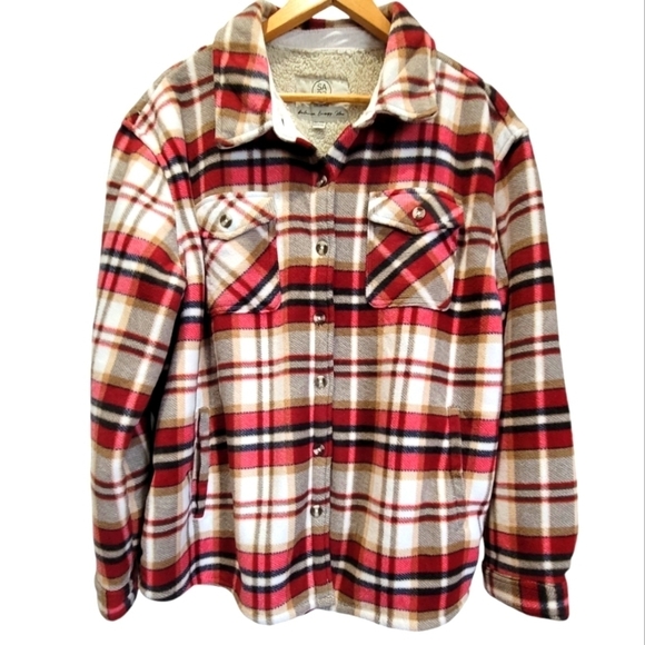 XXL Plaid Fleece Button Down Jacket w/Sherpa Lining & Chest & Front Side Pockets - Picture 2 of 9